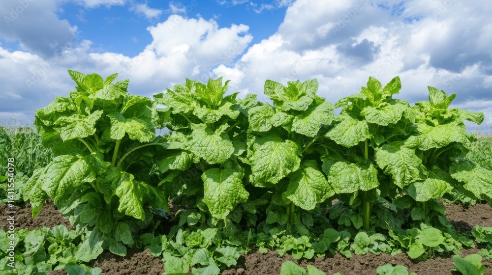 Lush green lettuce plants growing in a field under a bright blue sky with fluffy clouds Lush green lettuce plants growing in a field under a bright blue sky with fluffy clouds
