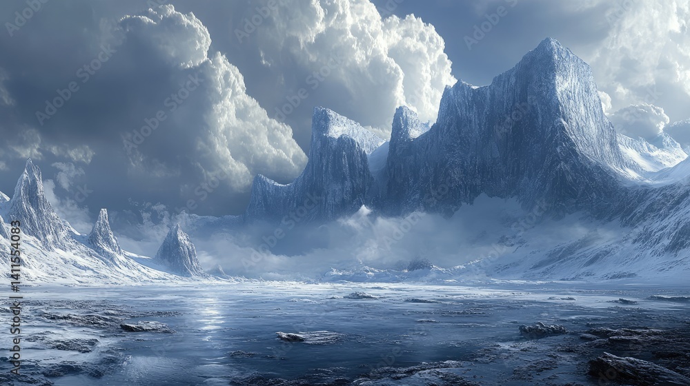 Fototapeta premium A snowy landscape with a large mountain in the background