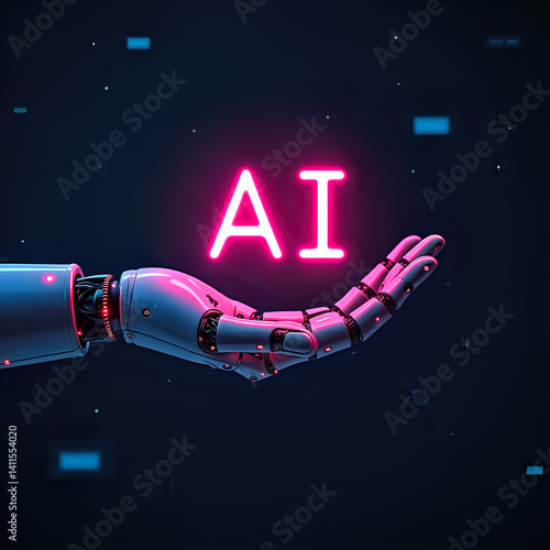 Robot hand holds neon 