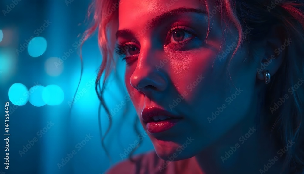 Close-up portrait of a woman illuminated by vibrant neon light. Close-up portrait of a woman illuminated by vibrant neon light.