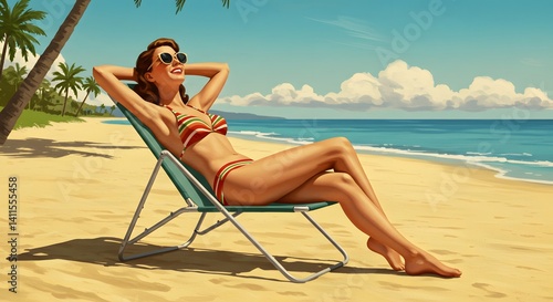 Retro Woman Sunbathing in Vintage Swimsuit at the Beach, 1950s American Vintage Style Illustration