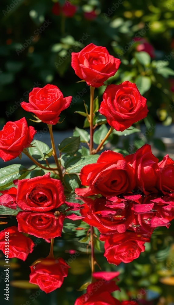 Luscious red roses, full bloom & scattered petals, reflected in clear water, luxury, floral, romantic Luscious red roses, full bloom & scattered petals, reflected in clear water, luxury, floral, romantic