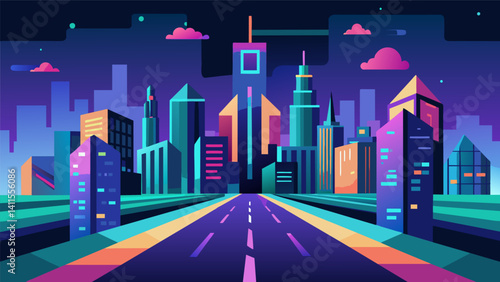 A virtual cityscape stretched out before the quantum computer with skyscrs made of data and roads of code all constantly being processed and optimized.. Vector illustration