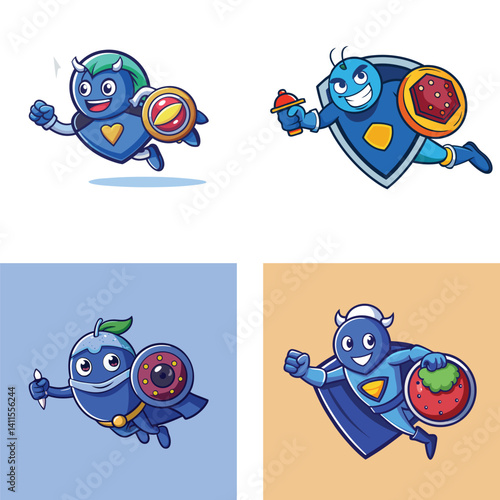 Cartoon Super Fruit Hero Mascot Characters With Shields And Weapons