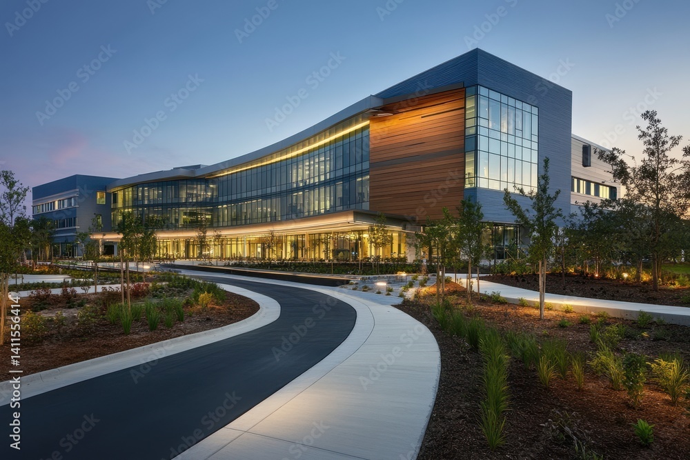Modern office building at dusk with curved driveway approach. Perfect to show corporate headquarters and business environments. Modern office building at dusk with curved driveway approach. Perfect to show corporate headquarters and business environments.