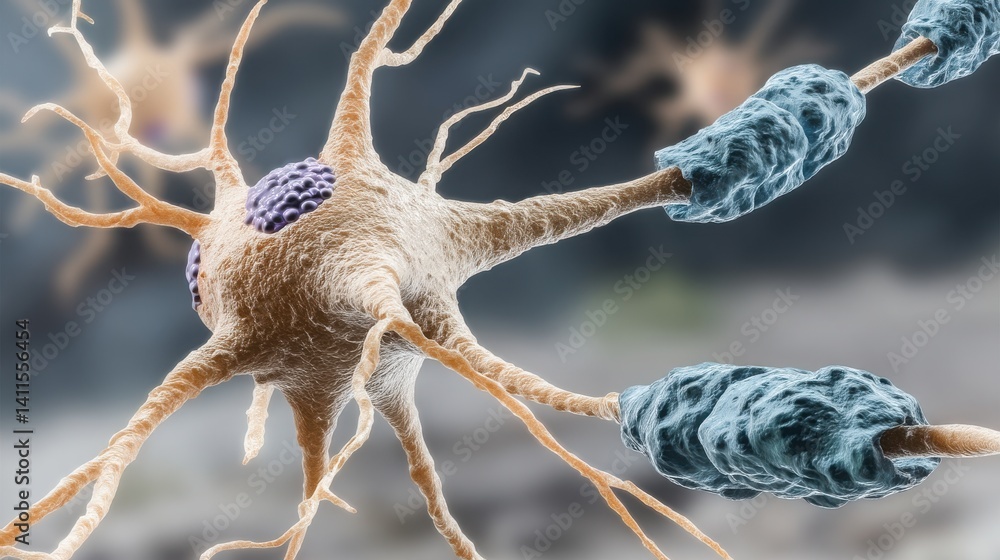 Obraz premium Information Technology Concept. Detailed Illustration of Neuron Structure with Axon and Dendrites in a Scientific Background