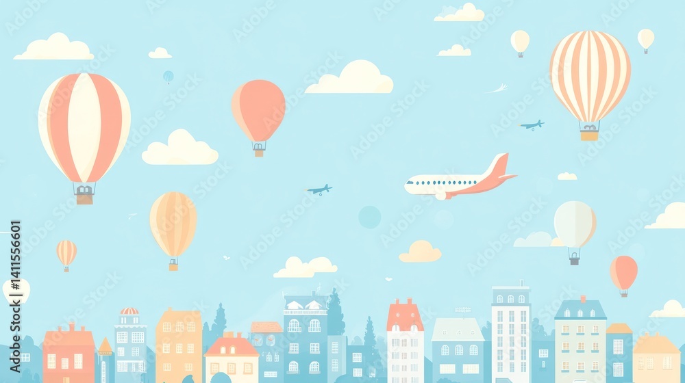 Cartoon cityscape with hot air balloons and airplane, lighthearted scene, ideal for children's book illustration or travel promotion Cartoon cityscape with hot air balloons and airplane, lighthearted scene, ideal for children's book illustration or travel promotion