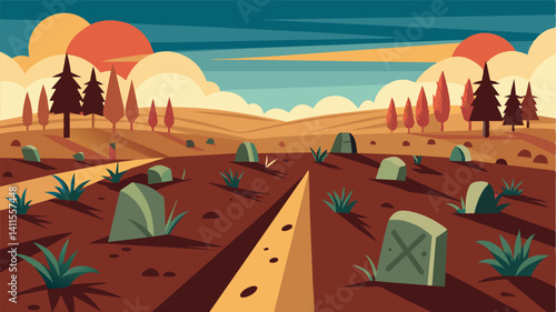 Despite the tireless efforts of the farmers the field before them resembles more of a graveyard for crops with delicate shriveled remnants tered across the land.. Vector illustration