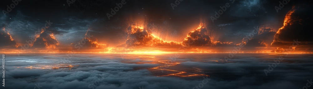 Glowing clouds and fiery skies illuminate the dark atmospheric landscape Glowing clouds and fiery skies illuminate the dark atmospheric landscape