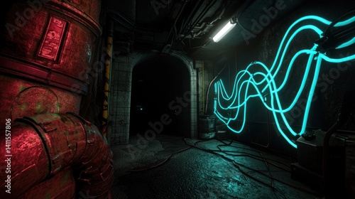 Wallpaper Mural Neon-lit industrial tunnel interior with pipes Torontodigital.ca