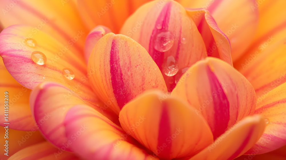 Fototapeta premium Vibrant yellow and pink petals with water droplets close-up