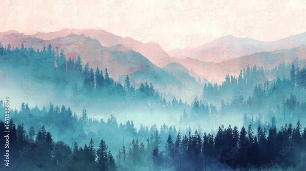 Obraz premium Watercolor of landscape forest misty mountains horizon and fog and hills,pine tree fir tree,Autumn forest background,drawn by hand,Autumn illustration design elements for landscape,wallpaper.