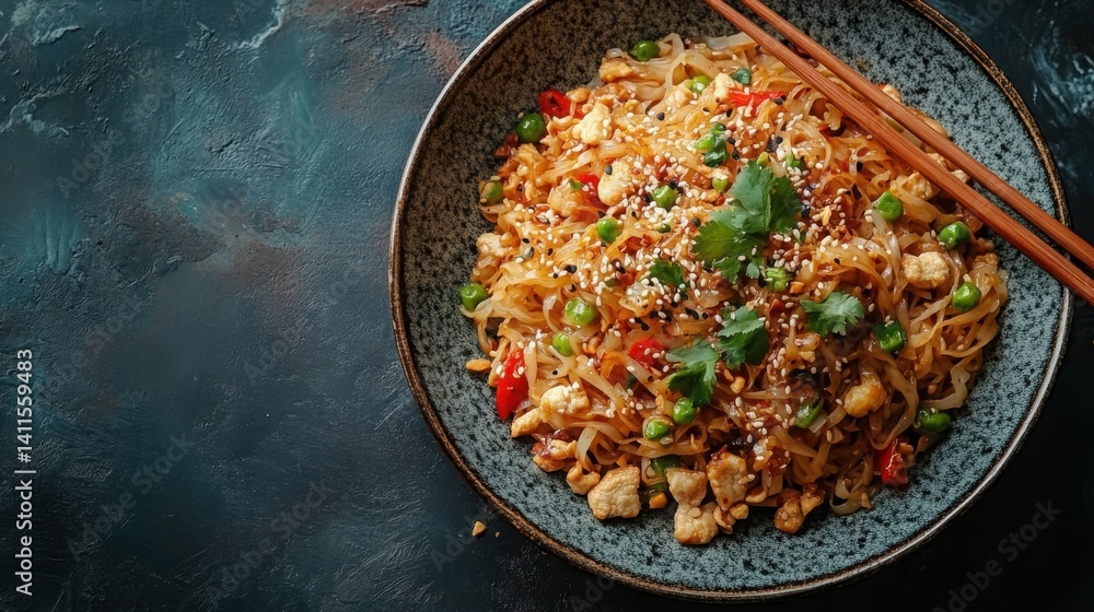 Delicious Asian Chicken Stir Fry Noodles with Peanuts and Sesame Seeds in a Bowl