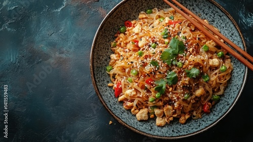 Obraz na płótnie Delicious Asian Chicken Stir Fry Noodles with Peanuts and Sesame Seeds in a Bowl w salonie
