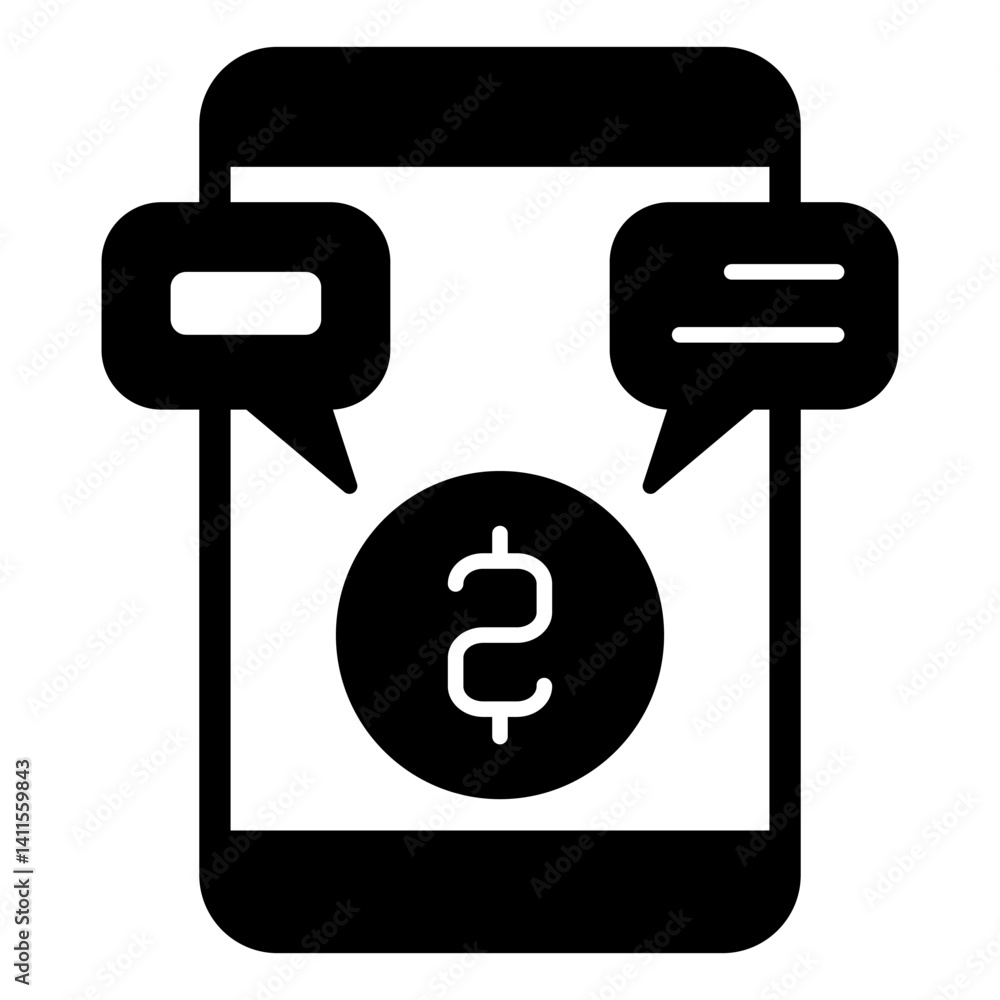 Smartphone, coin and messages solid icon, bank account concept. Vector graphics. Money spending, shopping by phone sign on white background, glyph style mobile or design. Smartphone, coin and messages solid icon, bank account concept. Vector graphics. Money spending, shopping by phone sign on white background, glyph style mobile or design.