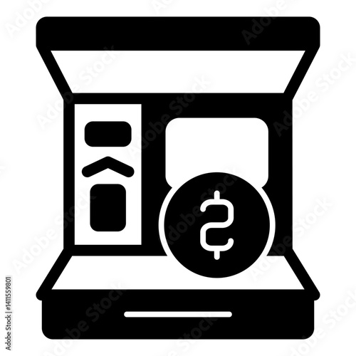 ATM point solid icon, bank account concept. Vector graphics. Money cash withdrawal machine with coin sign on white background, glyph style mobile or design.
