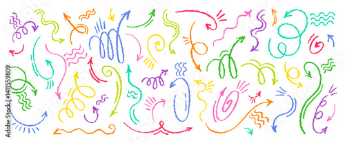 Color arrow set. Cute kid brush, crayon, pencil line. Hand drawn pastel or marker shape element. Chalk vector arrow icon. Scribble design sketch bg. Abstract doodle color arrows. Fun grunge background