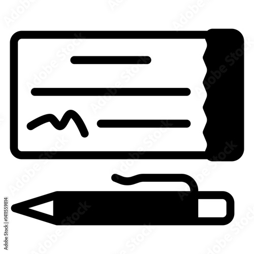 Checkbook paper bill and pen solid icon, bank account concept. Vector graphics. Check with person identity signature, financial sign on white background, glyph style mobile or design.