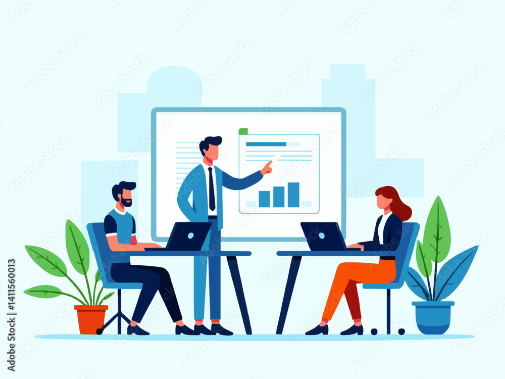Flat design vector illustration of a business team analyzing data and presenting charts in a modern office setting. Team members seated at a table with laptops, showing graphs and statistics on large Flat design vector illustration of a business team analyzing data and presenting charts in a modern office setting. Team members seated at a table with laptops, showing graphs and statistics on large