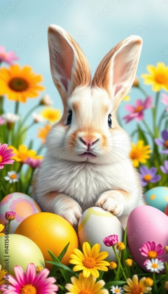 Fototapeta premium Adorable Easter bunny surrounded by colorful eggs and spring flowers, ample copy space, copy space, background, spring