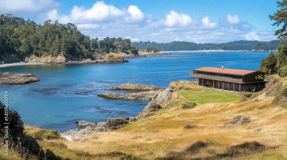 Obraz premium Serene coastal landscape featuring a modern house overlooking a calm blue bay under a clear sky