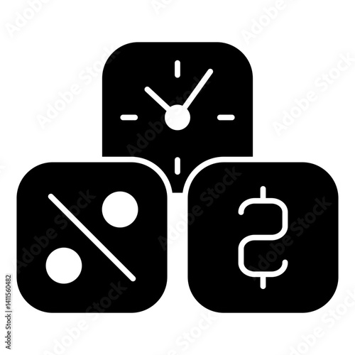 Percent, currency, clock cubes solid icon, bank and finance concept. Vector graphics. Three cube deposit boxes sign on white background, glyph style mobile or design.
