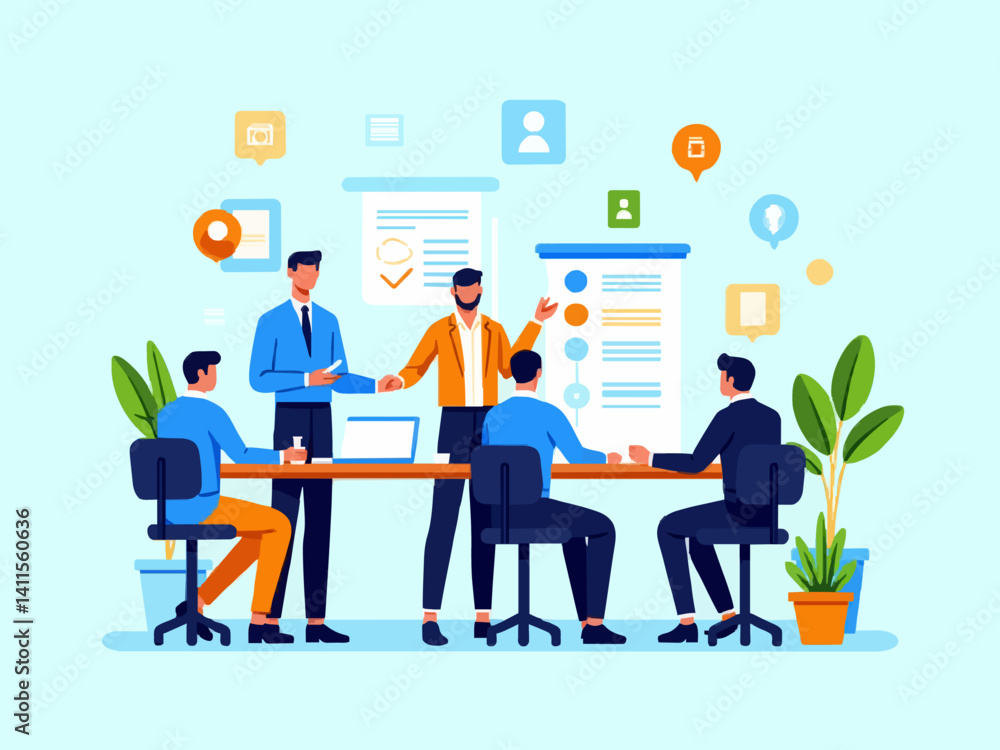 Flat design vector illustration of a business team analyzing data and presenting charts in a modern office setting. Team members seated at a table with laptops, showing graphs and statistics on large Flat design vector illustration of a business team analyzing data and presenting charts in a modern office setting. Team members seated at a table with laptops, showing graphs and statistics on large