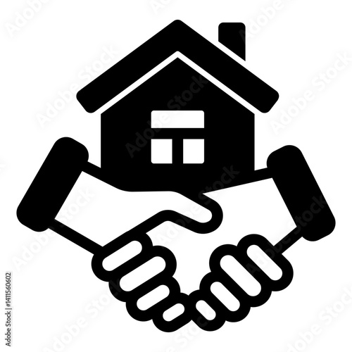 Handshake at house sale solid icon, housing market concept. Vector graphics. Success deal with cottage, building sign on white background, glyph style mobile or design.