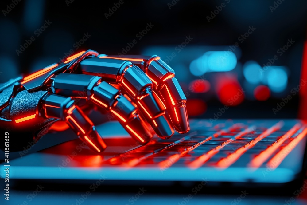 Fototapeta premium A robotic hand on a laptop computer keyboard