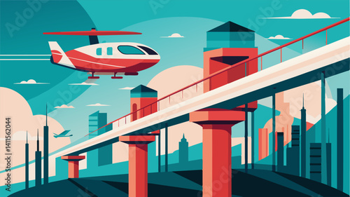 The sleek and modern design of the air taxis matches the aesthetic of the skybridges making for a cohesive and visually striking cityscape.. Vector illustration
