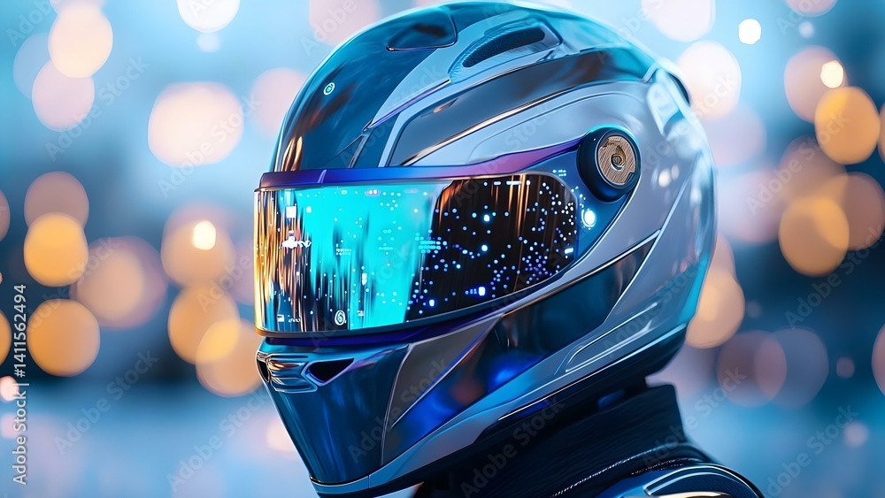 A futuristic helmet with a reflective visor displaying digital patterns and bright bokeh lights in the background. Concept Futuristic Helmet Design, Reflective Visor Technology A futuristic helmet with a reflective visor displaying digital patterns and bright bokeh lights in the background. Concept Futuristic Helmet Design, Reflective Visor Technology