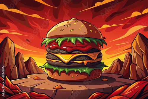 Homemade beef burger vector with crispy bacon on rock stage studio area