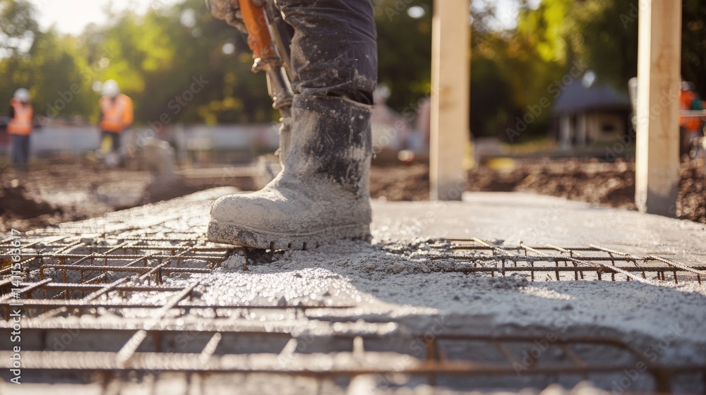 Naklejka premium Construction worker preparing foundation. Outdoor construction site