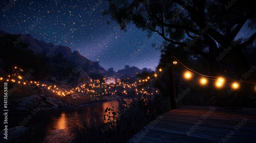 Fototapeta premium Starlit valley, glowing lanterns, river, night view, peaceful village