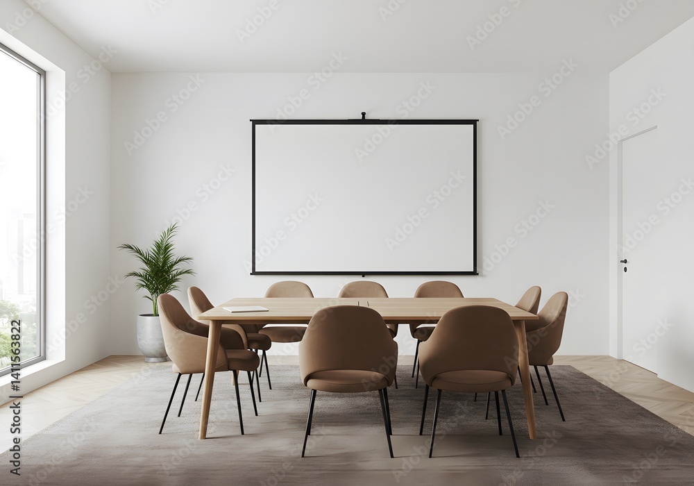 Fototapeta premium Blank frame above modern dining table interior