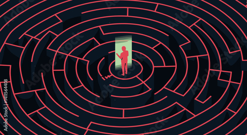 Person navigating a maze with illuminated exit path  
