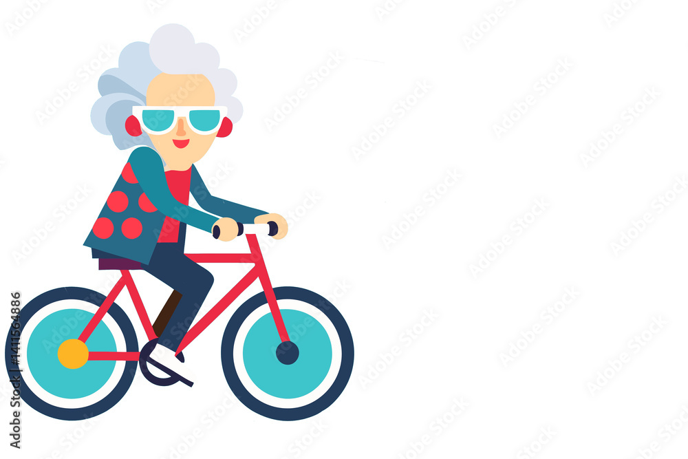 Naklejka premium Funny style senior woman in jacket rides on bicycle