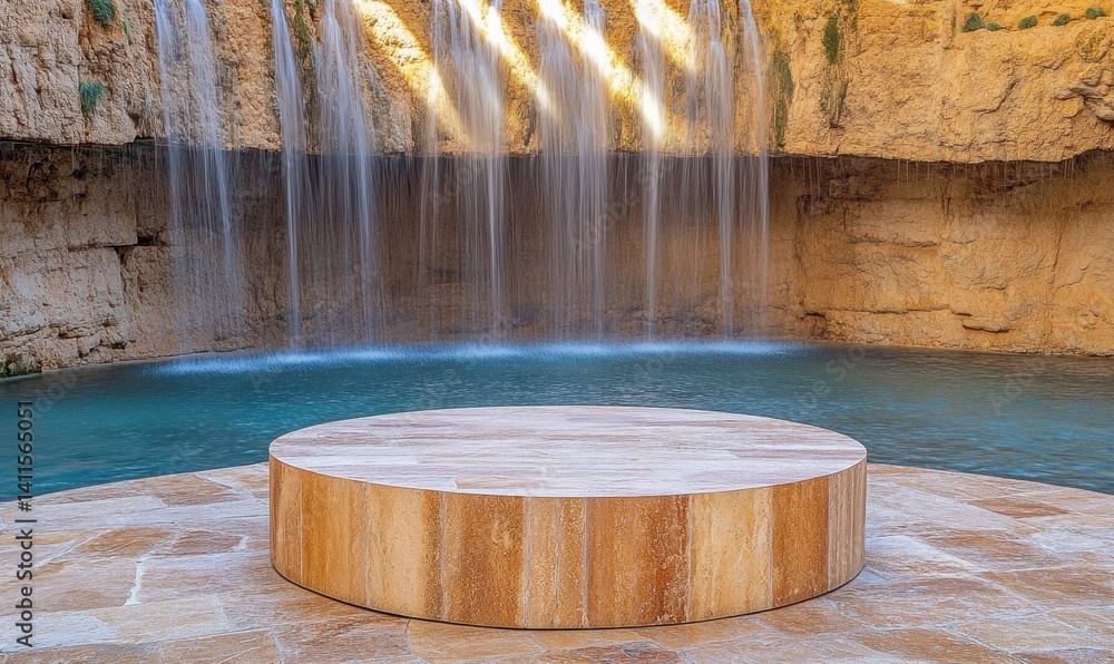 Fototapeta premium Circular platform by tranquil waterfall; serene oasis; product display; background for advertising