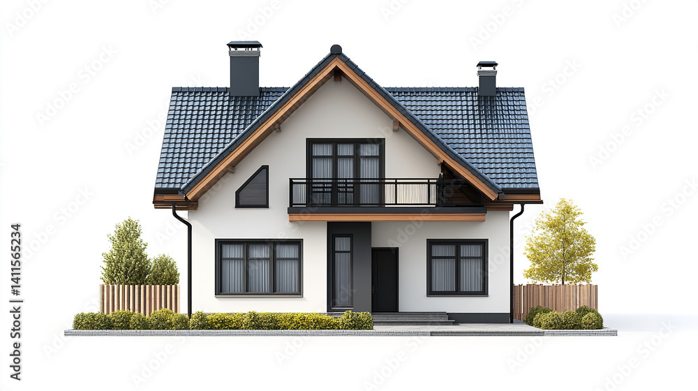 Modern house with pitched roof and balcony, surrounded by greenery Modern house with pitched roof and balcony, surrounded by greenery