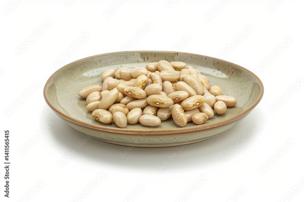 Natural raw white beans displayed on a rustic ceramic plate, capturing the simplicity of healthy eating in a serene kitchen setting isolated on transparent background Natural raw white beans displayed on a rustic ceramic plate, capturing the simplicity of healthy eating in a serene kitchen setting isolated on transparent background