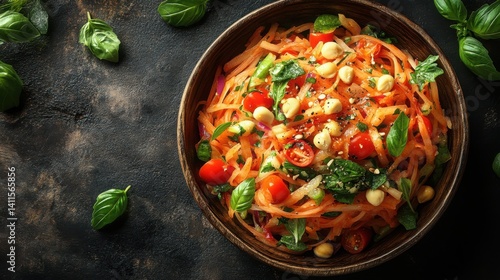 Delicious Spicy Carrot Salad with Chickpeas Tomatoes and Basil in Wooden Bowl