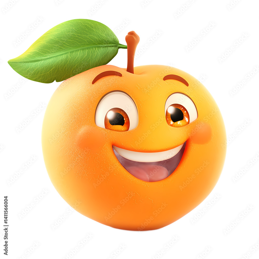 Cheerful cartoon orange character with a smiling face and green leaf, set against a bright background Cheerful cartoon orange character with a smiling face and green leaf, set against a bright background