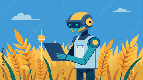In a wheat field a humanoid robot equipped with precision tools measures the protein content of each grain ensuring the highest quality product.. Vector illustration