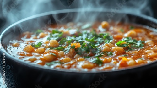 Steaming Hot Chickpea and White Bean Stew in Bowl Close Up