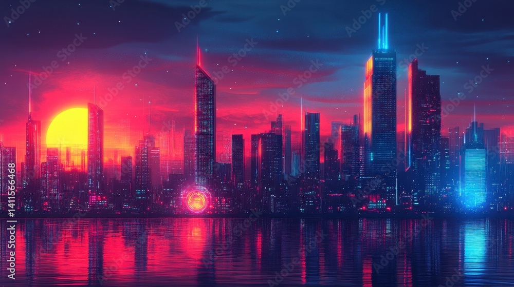 Fototapeta premium Futuristic Cityscape at Sunset with Neon Lights and Reflections