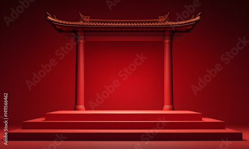 Chinese architecture pedestal with red background.