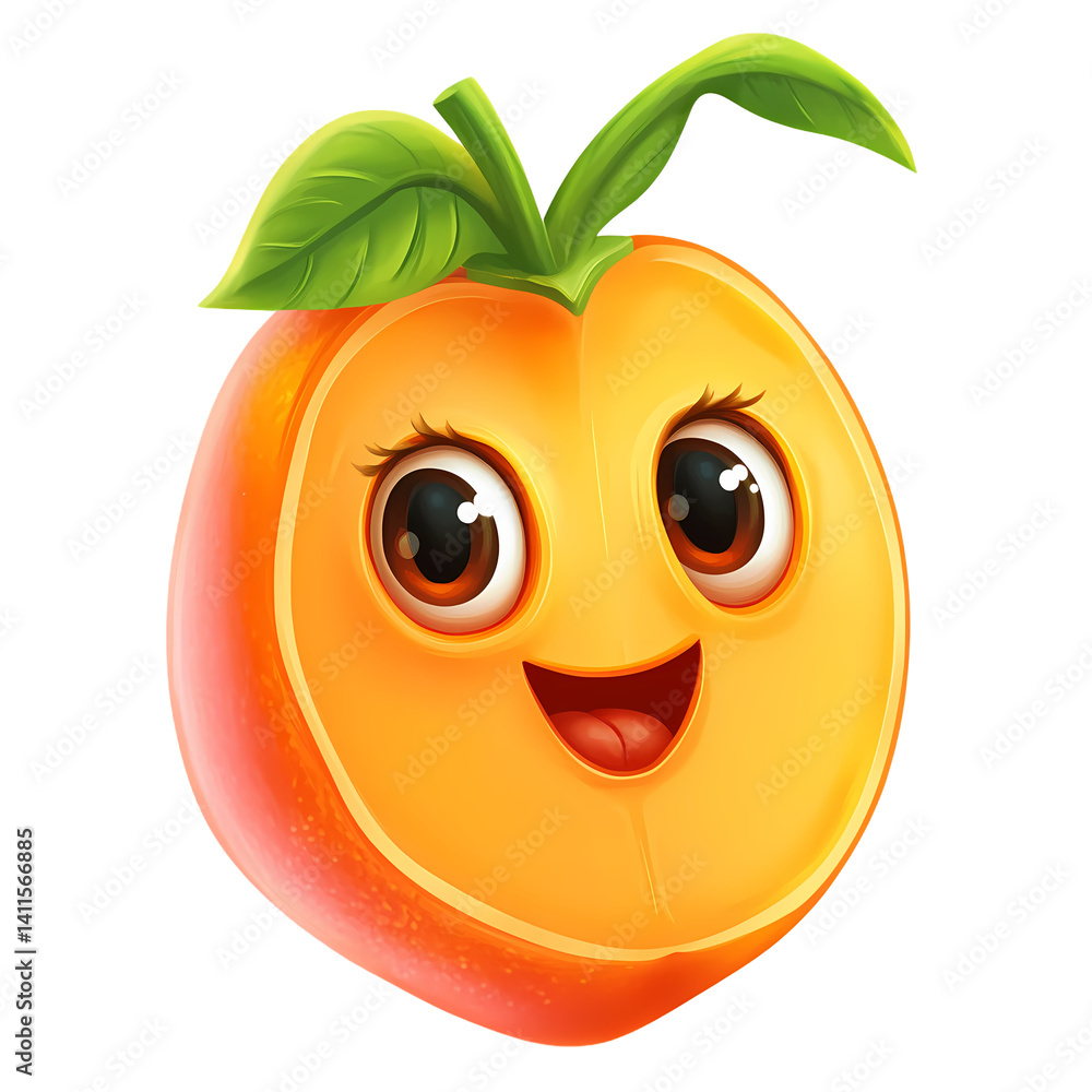 Cheerful cartoon peach character with large eyes and smiling expression, surrounded by green leaves Cheerful cartoon peach character with large eyes and smiling expression, surrounded by green leaves