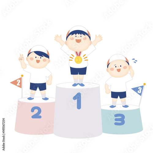 表彰台に上がった子供のイラスト　男の子