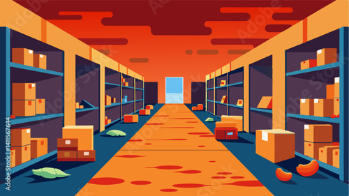 The barren walls and floors of the once heavily stocked warehouse were now on full display mirroring the severity of food scarcity.. Vector illustration