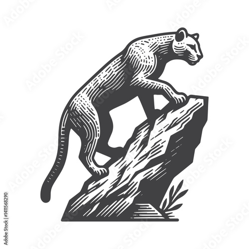 Simple Mountain Lion Climbing a Rock Vector Icon Design – Vintage Retro Logo & Illustration